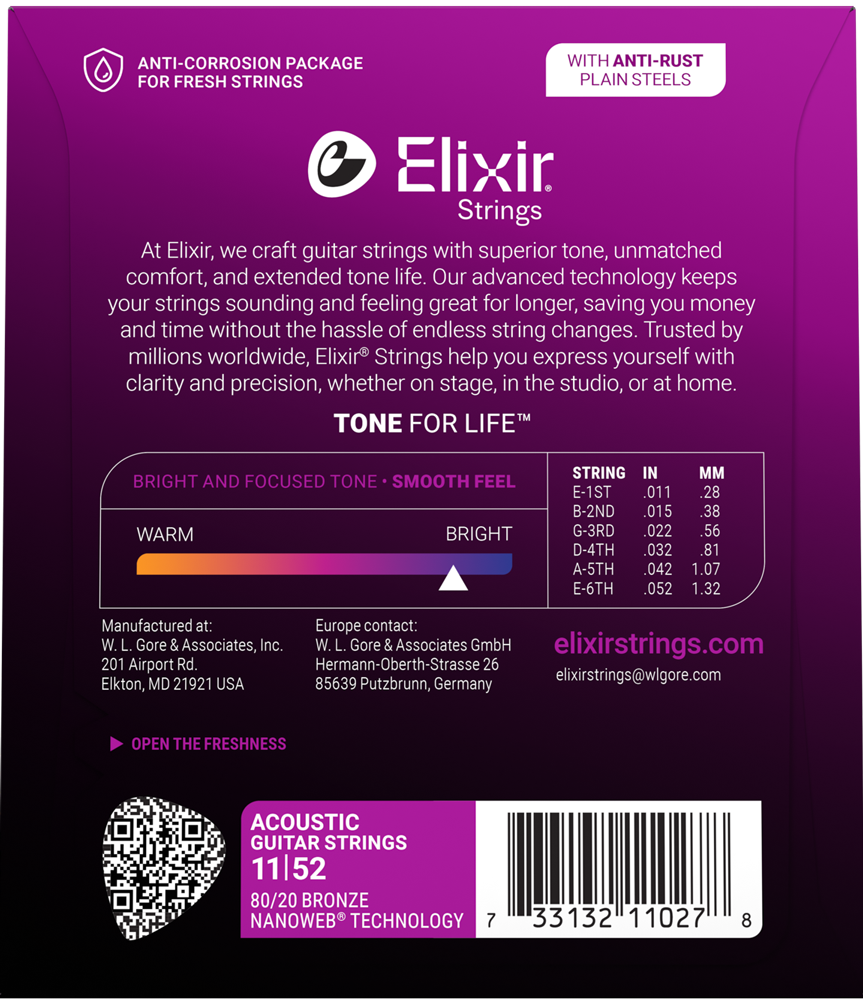 Elixir 11027 80/20 Bronze Nanoweb Custom Light Acoustic Strings 11-52