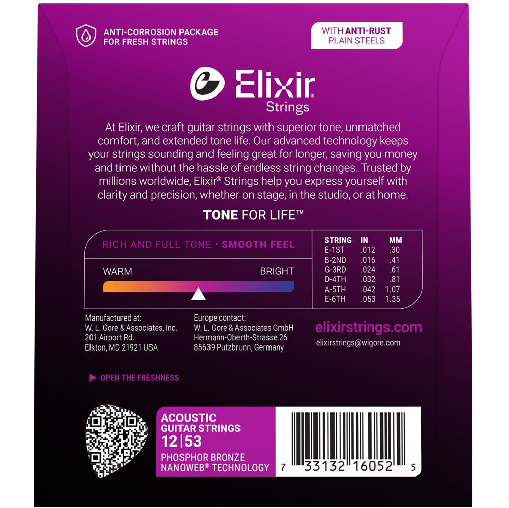 Elixir 11052 Light Acoustic Guitar Strings Phosphor Bronze NANOWEB Coated