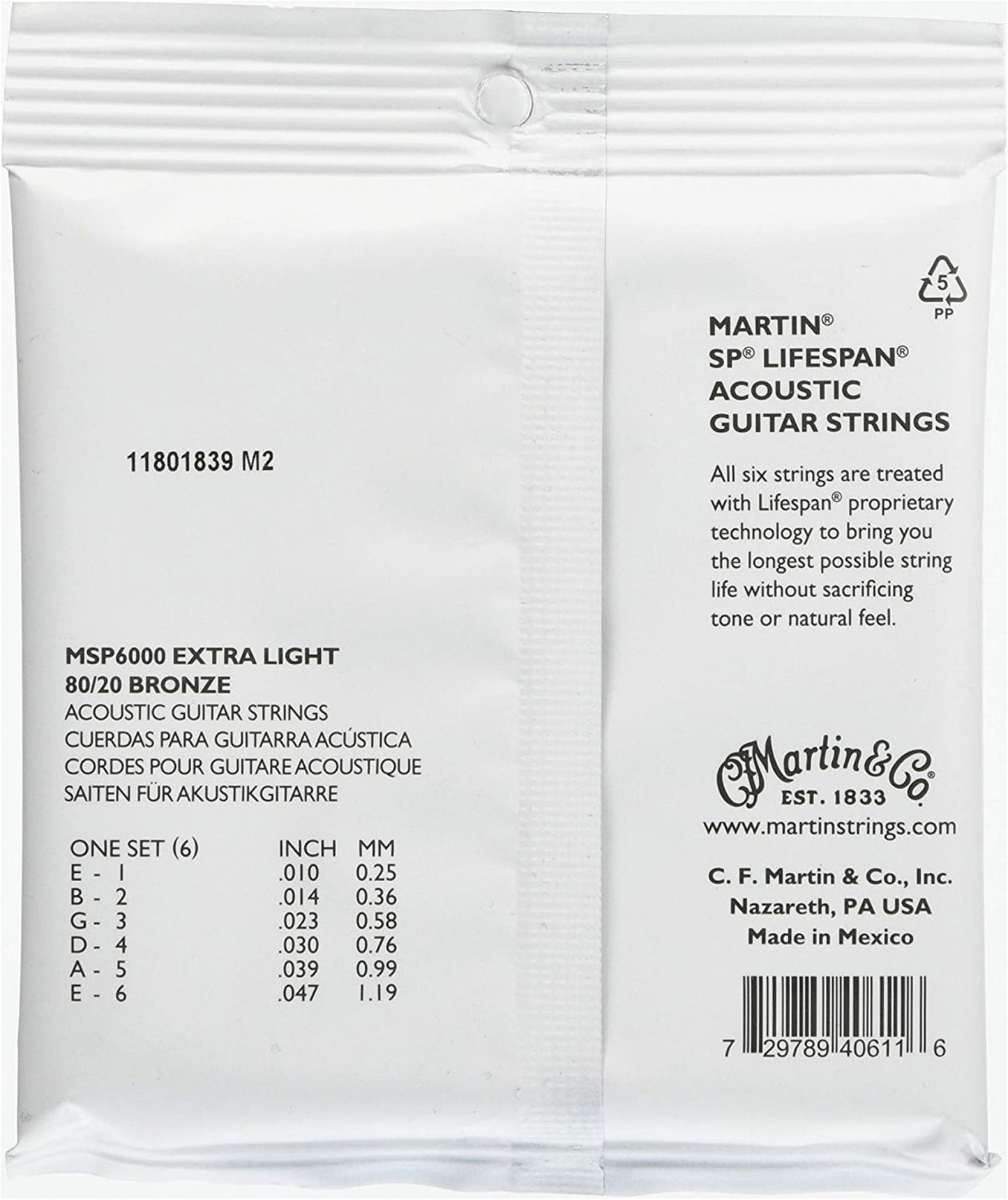 Martin MSP6000 SP Lifespan 80/20 Bronze Acoustic String, Extra Light