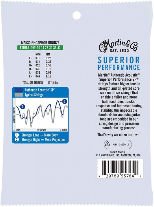 Martin Guitar MA530 Authentic Acoustic Extra Light Guitar Strings, 92/8 Phosphor Bronze