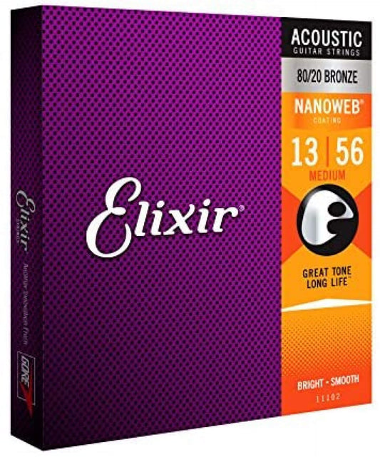 Elixir Strings 80/20 Bronze Acoustic Guitar Strings w NANOWEB Coating, Medium (.013-.056)