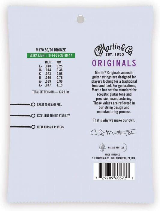 Martin M170 80/20 Acoustic Guitar Strings, Extra Light 3 Pack