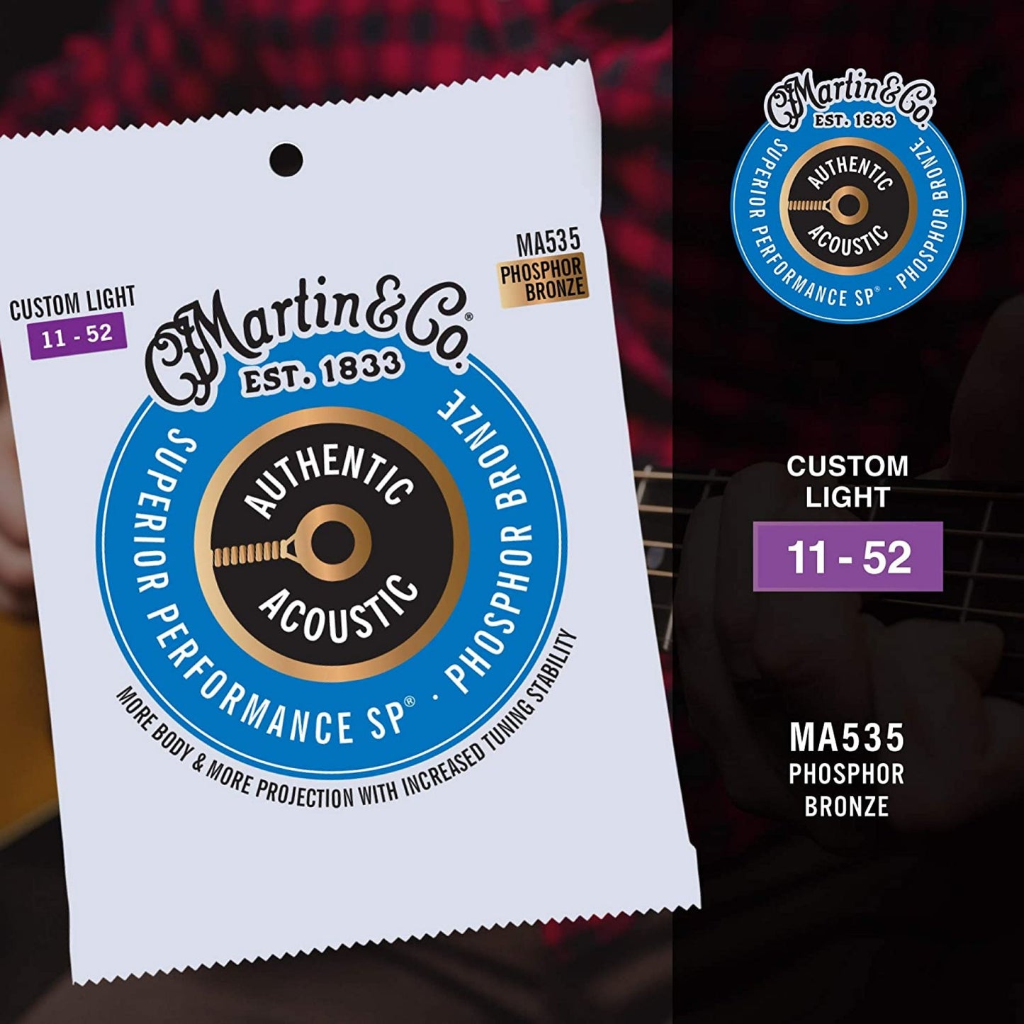 Martin Guitar MA535 Authentic Acoustic Custom Light Guitar Strings, 92/8 Phosphor Bronze