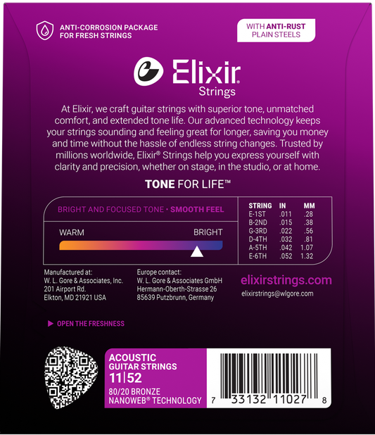 Elixir 11027  80/20 Bronze Nanoweb Custom Light Acoustic Strings 11-52
