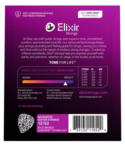 Elixir 11052 Light Acoustic Guitar Strings 80/20 Bronze NANOWEB Coated 12 53