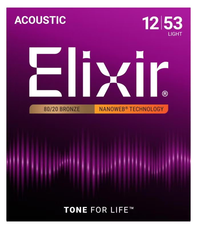 Elixir 11052 Light Acoustic Guitar Strings 80/20 Bronze NANOWEB Coated 12 53