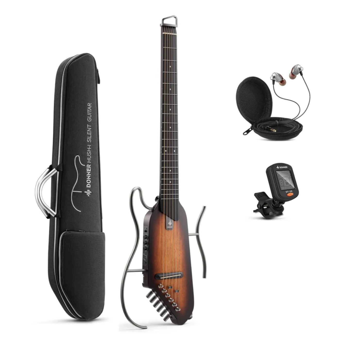 Donner Travel/Silent Guitar - Sunburst , HUSH-I Headless Guitar, Removable Frames Ultra Light Acoustic Electric Guitar with Gig Bag and Accessories