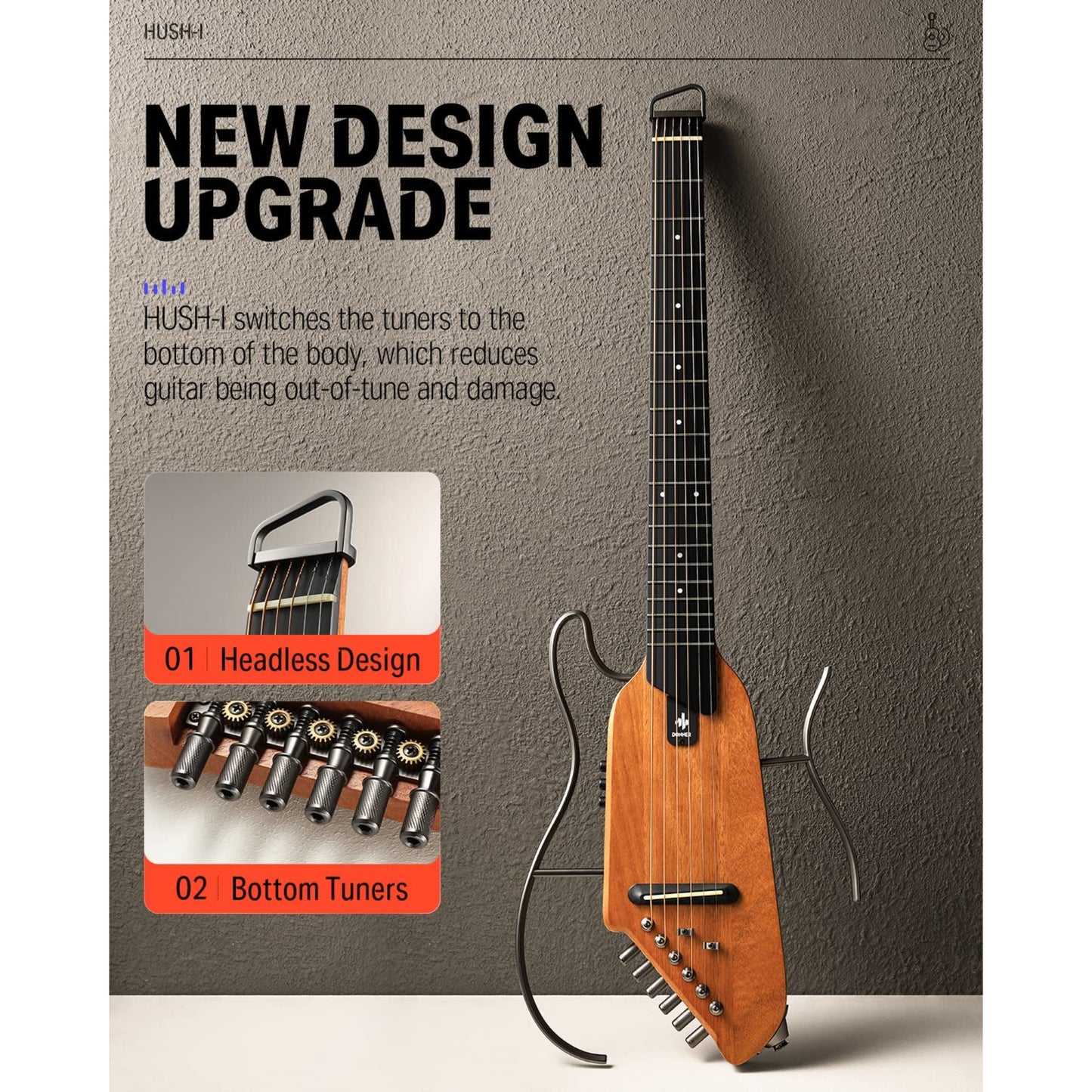 Donner Travel/Silent Guitar - Sunburst , HUSH-I Headless Guitar, Removable Frames Ultra Light Acoustic Electric Guitar with Gig Bag and Accessories
