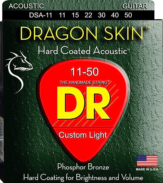 DR Strings DSA-11 DRAGON SKIN Clear Coated Acoustic Guitar Strings,11-50, Custom Light
