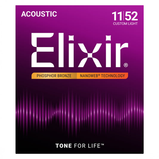 Elixir 11027 Phosphor Bronze Nanoweb Custom Light Acoustic Strings 11-52