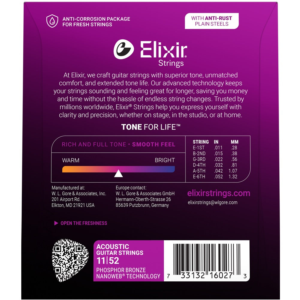 Elixir 11027 Phosphor Bronze Nanoweb Custom Light Acoustic Strings 11-52