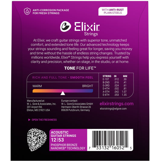 Elixir 11052 Light Acoustic Guitar Strings Phosphor Bronze NANOWEB Coated