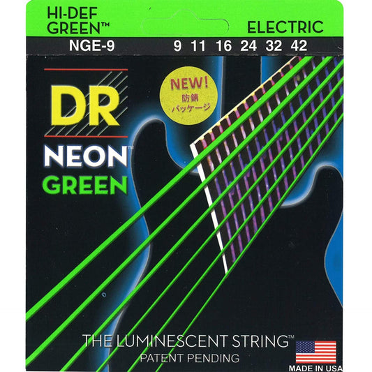 DR Strings NGE-9 HI-DEF NEON Green Coloured Electric Guitar Strings 9-42, Light