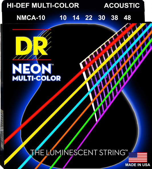 DR Strings NMCA-10 HI-DEF NEON Multicolor Colored Acoustic Guitar Strings 10-48, Extra Light