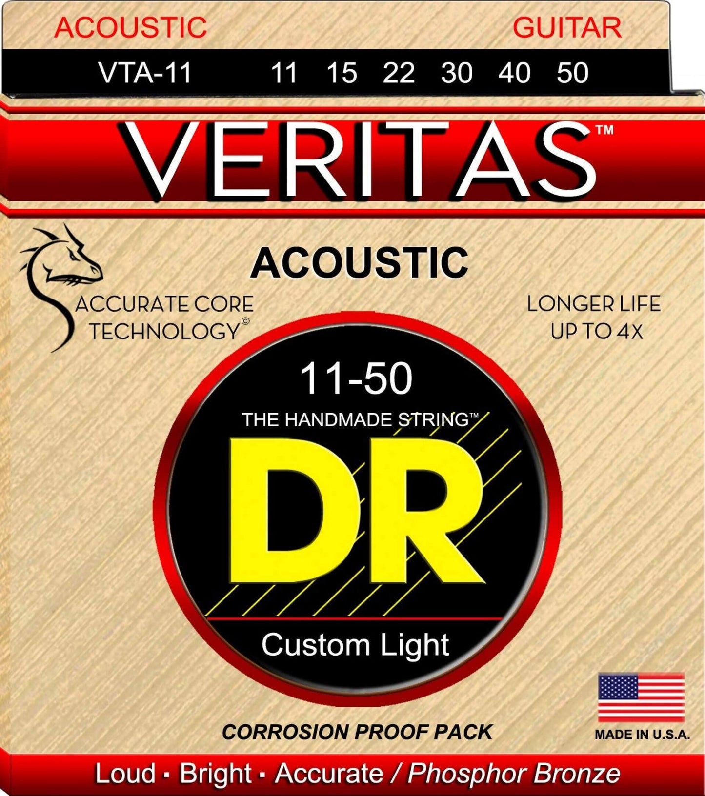 DR Strings VTA-11 VERITAS Coated Core Technology Acoustics Guitar Strings 11-50, Custom Light
