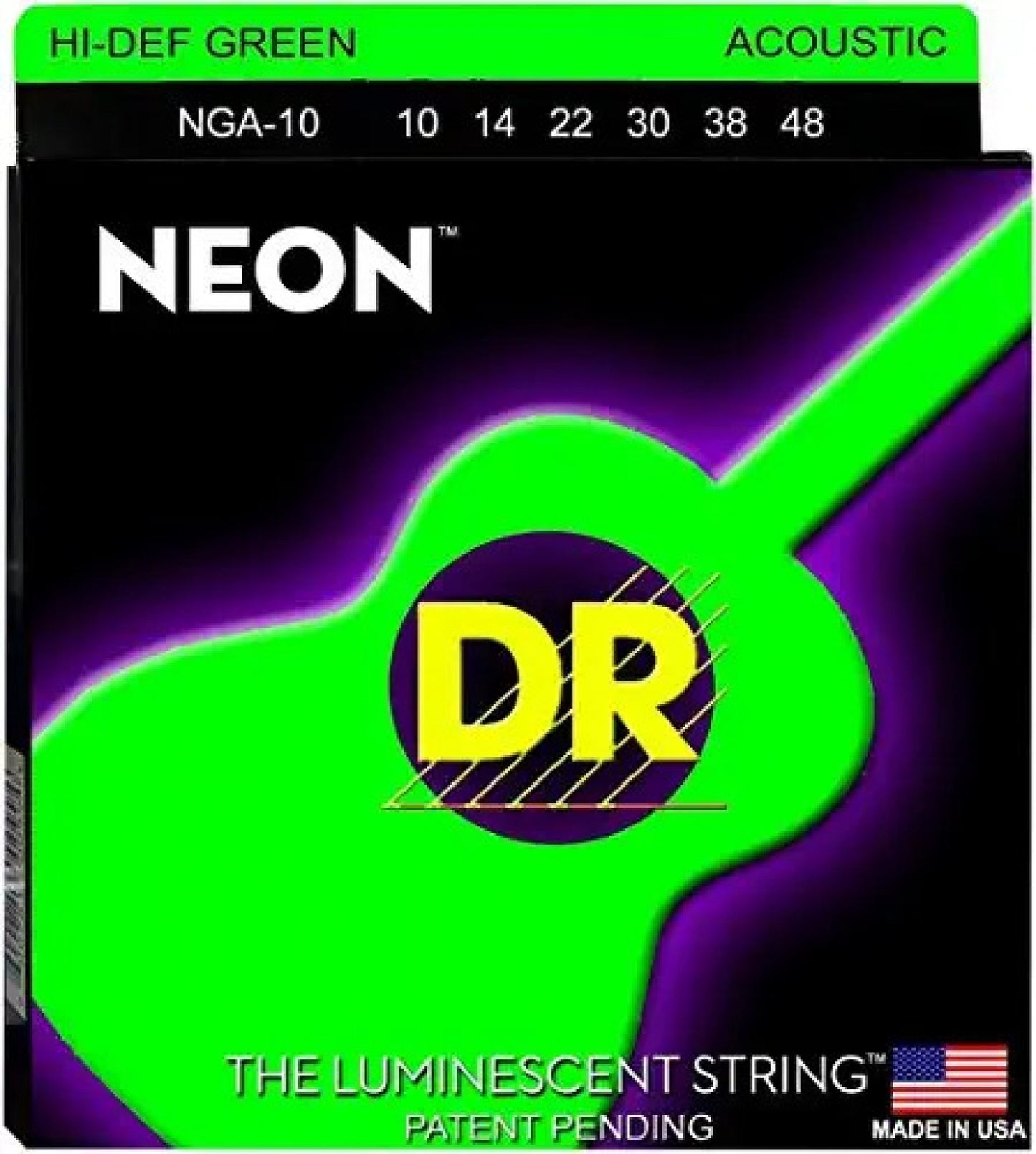 DR Strings NGA-10 HI-DEF NEON Green Colored Acoustic Guitar Strings 10-48, Extra Light