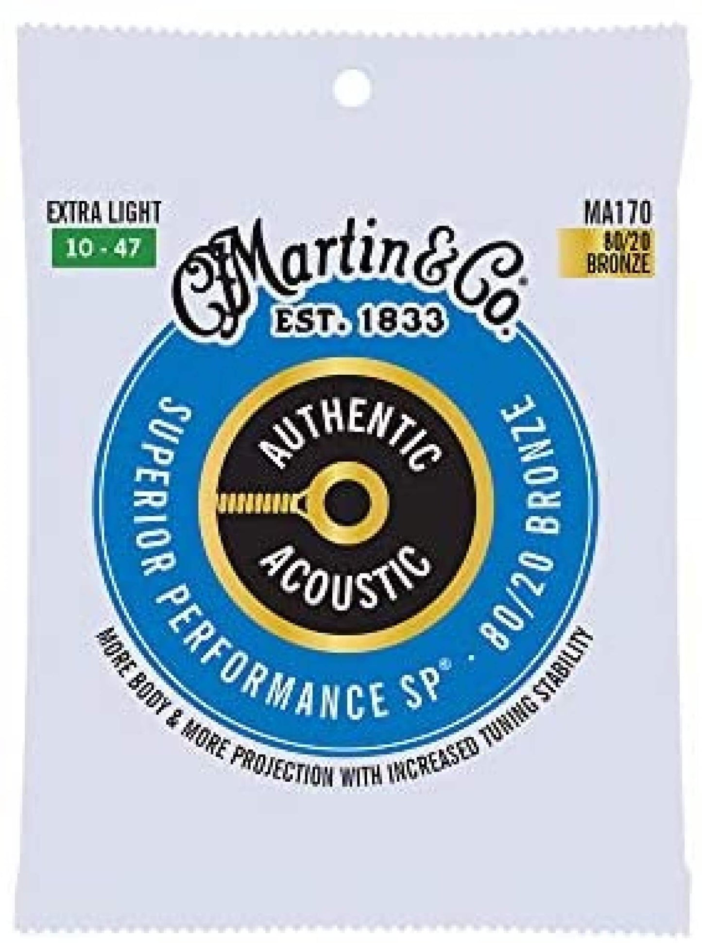 Martin Authentic Acoustic MA170 Extra-Light-Gauge Acoustic Guitar Strings, 80/20 Bronze