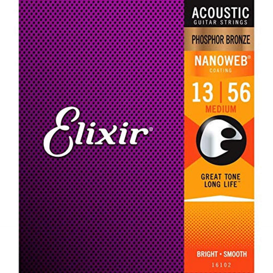 Elixir Strings Acoustic Phosphor Bronze Strings NANOWEB Coating, 6-String(13-56), Medium, ELX*16102