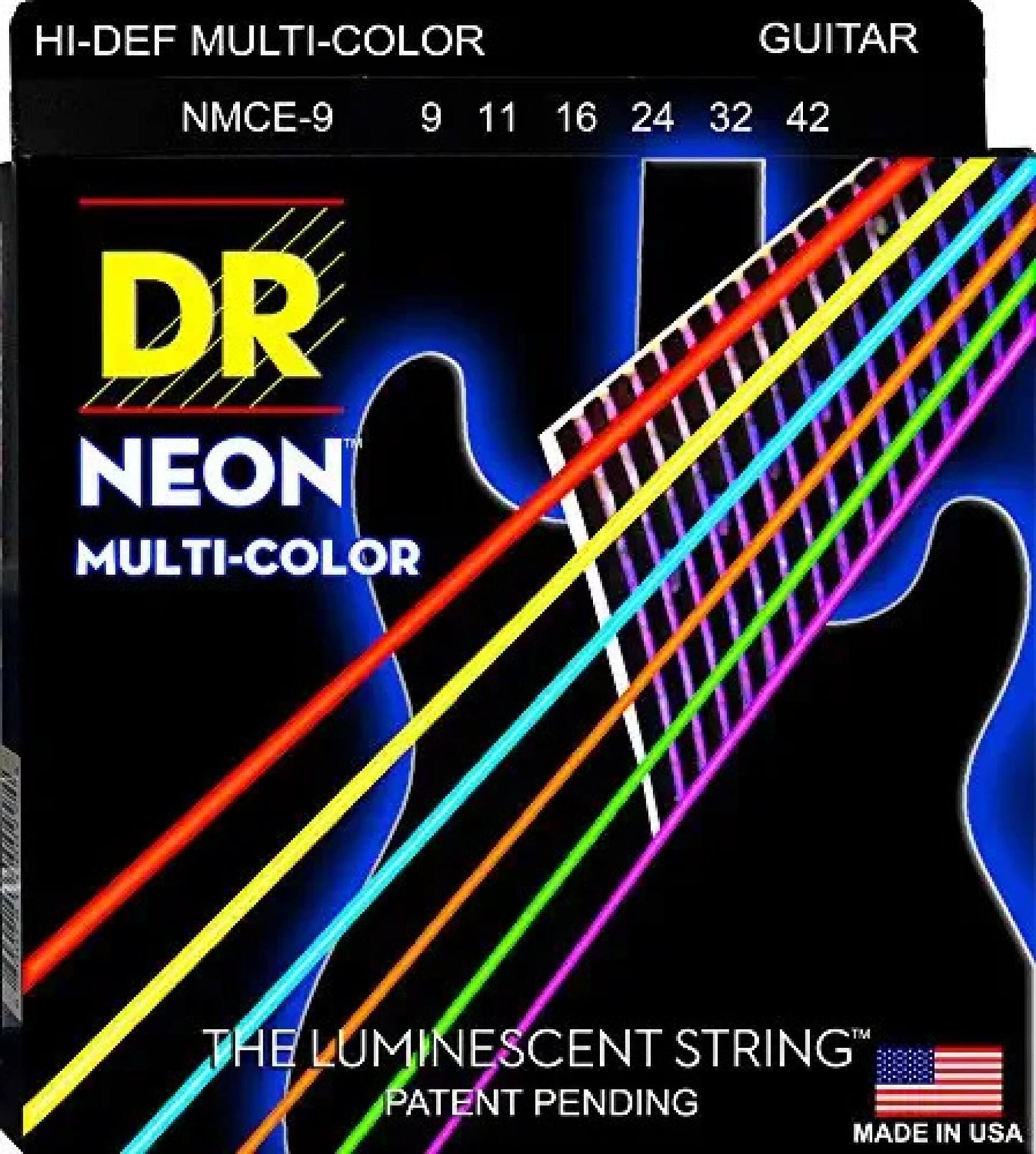 DR Strings NMCE-9 HI-DEF NEON Multicolor Coloured Electric Guitar Strings 9-42, Light