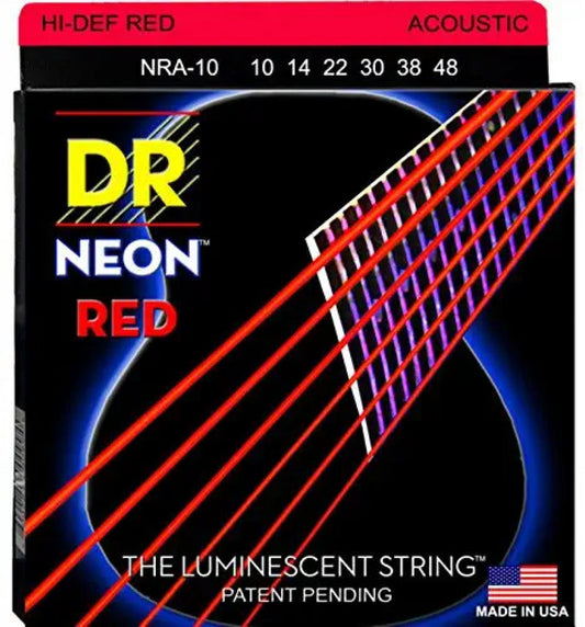 DR Strings NRA-10 HI-DEF NEON Red Colored Acoustic Guitar Strings 10-48, Extra Light