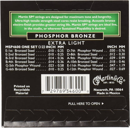 Martin SP 12-String Acoustic Set: Phosphor Bronze Guitar Strings Extra Light MSP4600 .010 - .047
