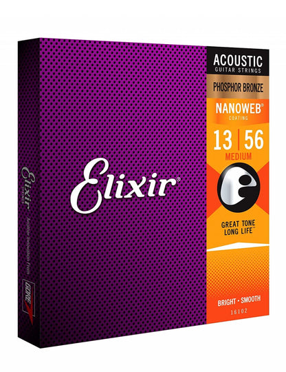 Elixir Strings Acoustic Phosphor Bronze Strings NANOWEB Coating, 6-String(13-56), Medium, ELX*16102