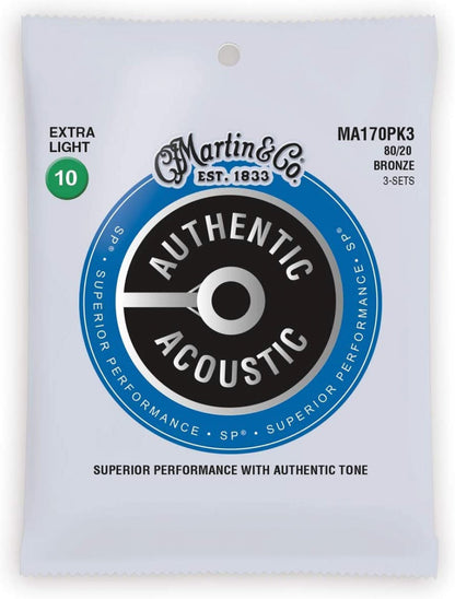 Martin Authentic Acoustic MA170 Extra-Light-Gauge Acoustic Guitar Strings, 80/20 Bronze, 3-Pack